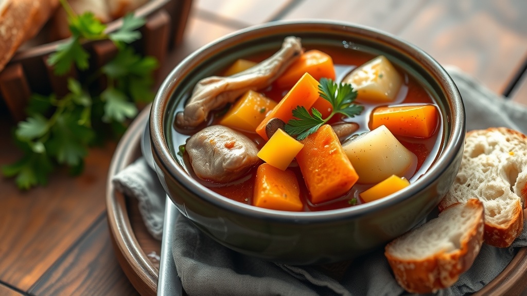 Savory Rabbit Stew Recipe A bowl of rabbit stew with rabbit meat, carrots, and potatoes in a savory broth, garnished with parsley, alongside a slice of bread.